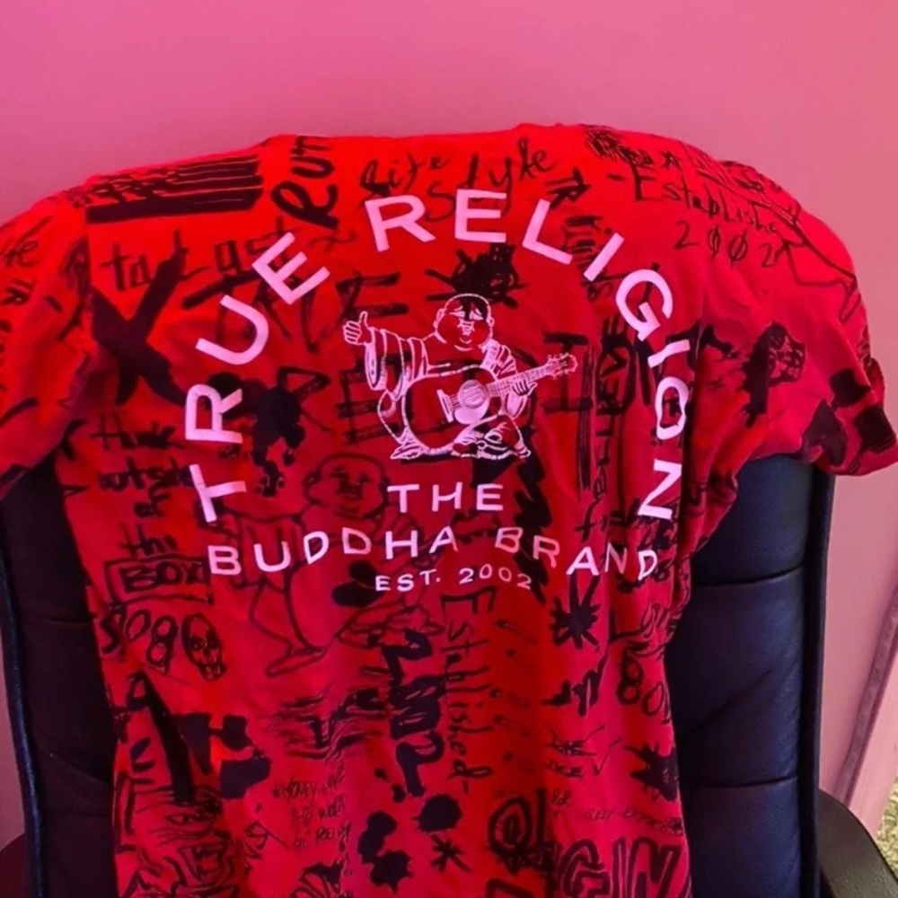 Red and white true religion shirt
